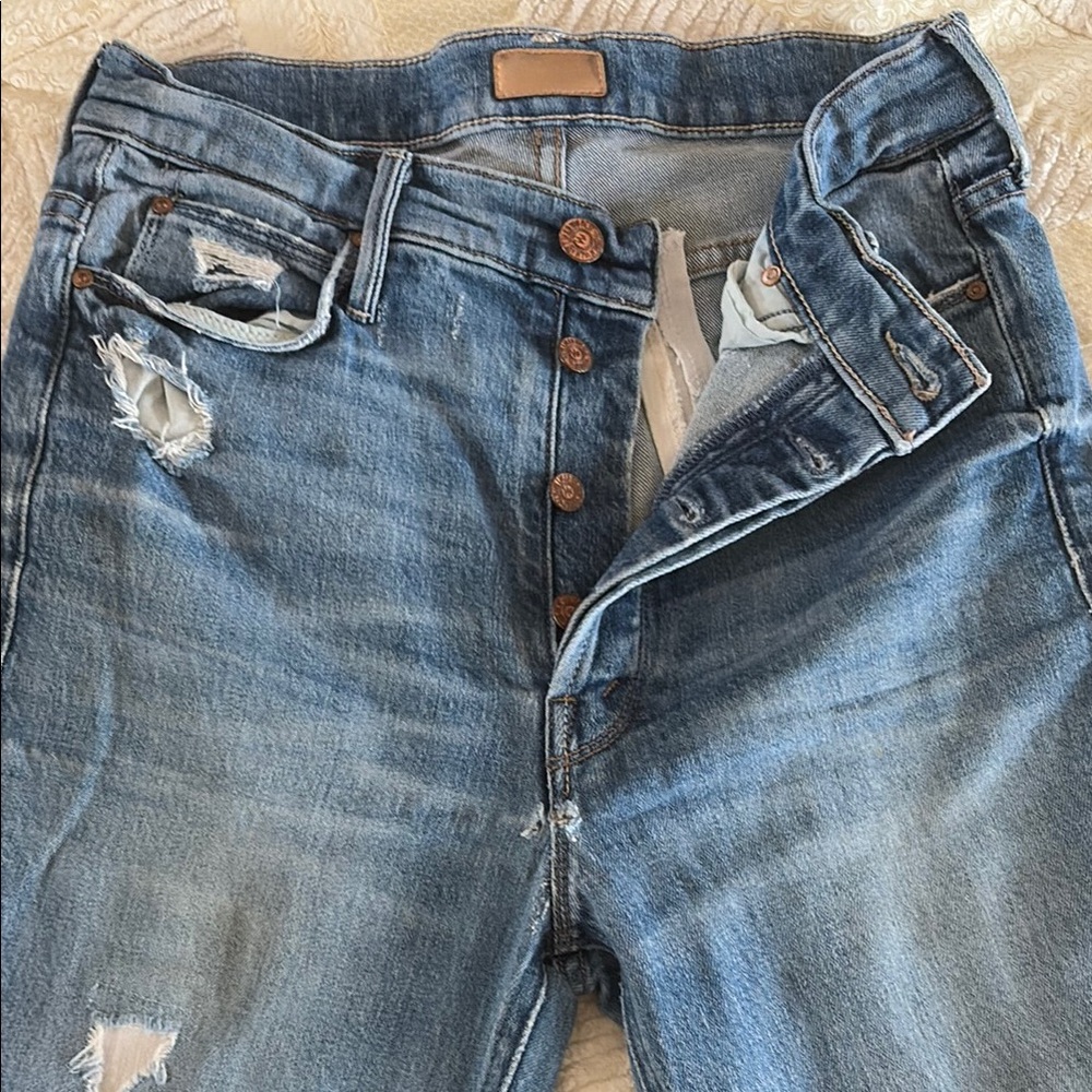 Distressed Mother brand Dazzler button fly ankle Jeans